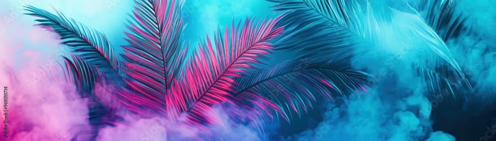 Canvas Prints Tropical Palm Leaves Illuminated with Neon Blue and Pink Lights