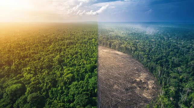 aerial splitscreen image contrasting lush green rainforest with stark deforested area highlighting environmental impact and conservation efforts