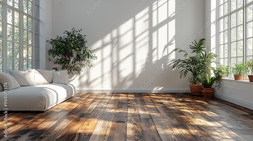 Wall mural sunlight streams through large windows, illuminating a modern living room with hardwood floors.