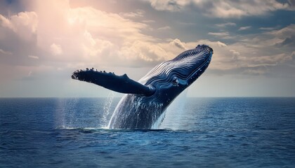 Fototapeta premium Humpback Whale Flying Above the Sea – Mystical Fantasy Dream Scene
