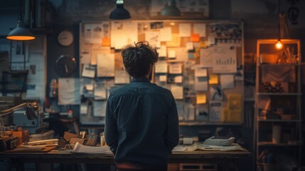 Man sitting at a desk with papers on the wall