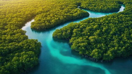 aerial view of lush mangrove forest with winding turquoise waterways sunlight filtering through canopy and diverse wildlife hidden among twisted roots
