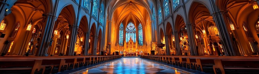 Obraz premium Majestic, grandiose cathedral interior with towering arches, ornate sculptures, and stained glass windows, realistic, awe-inspiring