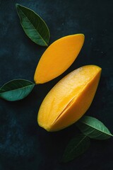 Two mangoes with leaves on dark surface