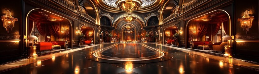 Obraz premium Majestic, ornate palace interior with intricate architecture, luxurious furnishings, and gold accents, realistic, opulent