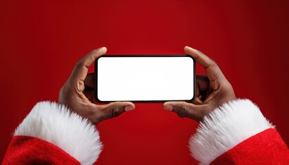 Santa Claus's Hands Holding Smartphone with Blank Screen Red Background for Christmas Offers
