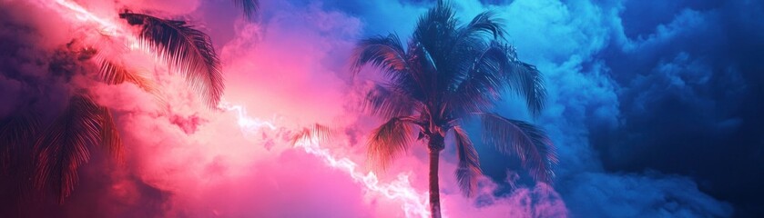 Palm Tree Silhouette Against Neon Pink and Blue Sky
