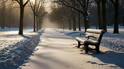 Snowy Park pathway with a bench and lamppost, bathed in bright sunlight.