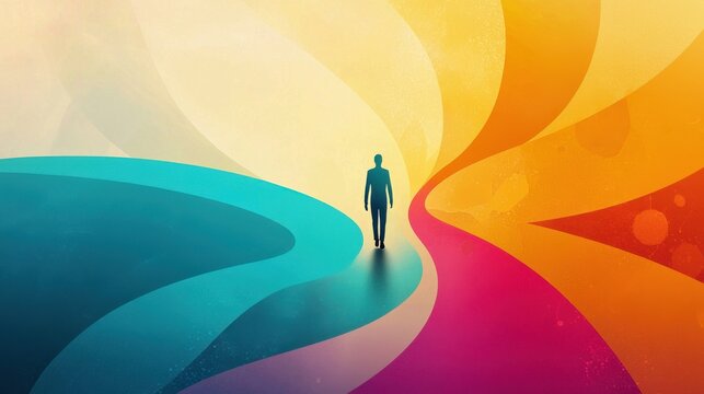 Pathway of Choices: A figure walking down a path that splits into multiple abstract roads, with each path leading to different learning experiences and personal growth