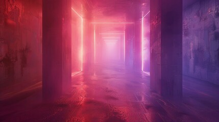 A long, narrow hallway with red walls and neon lights. The atmosphere is mysterious and eerie.