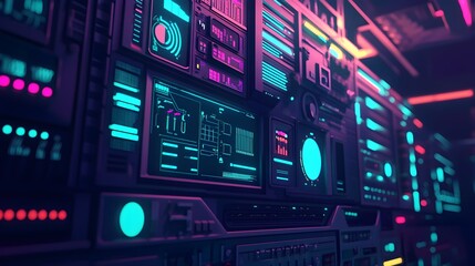 Obraz premium Futuristic Control Panel with Neon Lights and Digital Display