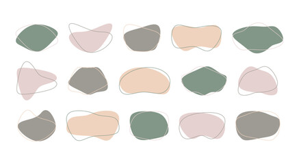 Organic random shapes, stickers in soft, natural colors. Rounded, irregular, fluid shapes. Stone shapes. Hand drawn. Stains, drops.