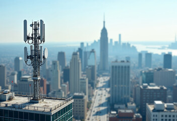 Obraz premium Detailed view of a cellular tower on a city rooftop, with a blurred cityscape in the background.