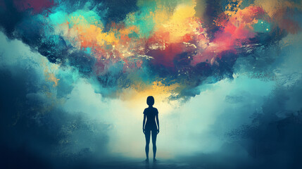 A lone standing figure of a person and a colorful cloud above him.