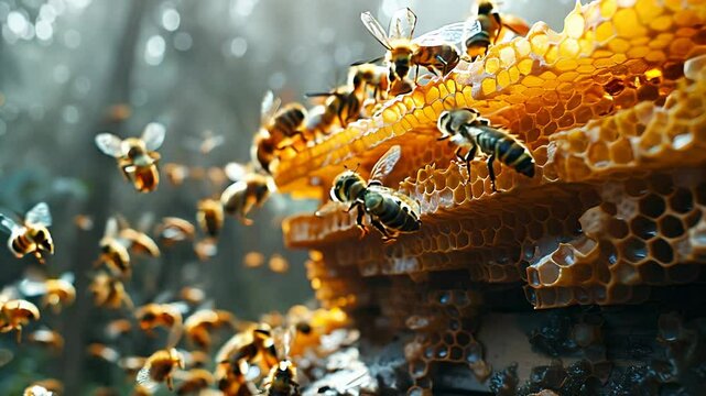 Bees swarm around a golden honeycomb in a sunlit forest.