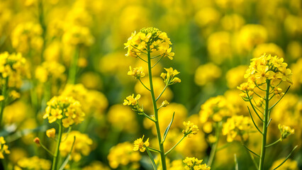 Obraz premium Yellow rapeseed field in the field and picturesque sky with white clouds. Blooming yellow canola flower meadows. Rapeseed crop in Ukraine.