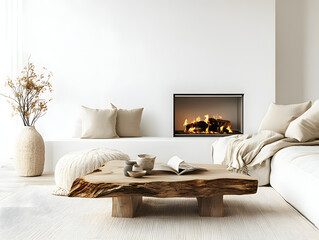 "Cozy living room space with luxurious sofa, built-in fireplace, combined with dried flower and firewood decoration brings a peaceful, pleasant feeling. Suitable for decorating paintings, photos"