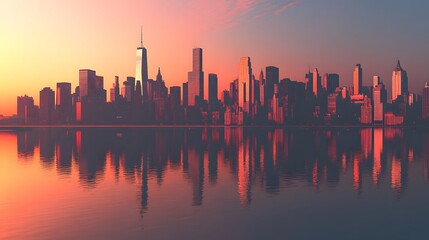 Fototapeta premium Cityscape Skyline Reflected in Still Water at Sunset