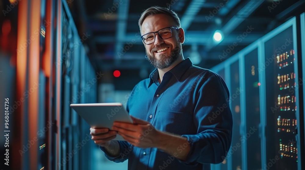 Poster smiling it professional working in a server room while using a tablet to manage network operations i