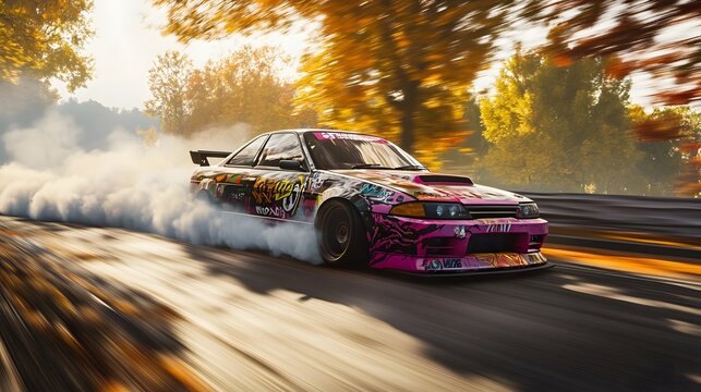 10092332 10 A brightly colored JDM car with custom decals drifting in a perfect arc, leaving a trail of smoke on the circuit
