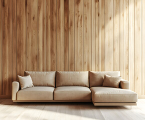 Serene Living Room: Beige Sectional Sofa against Warm Wood Wall,A cozy sectional sofa with plush cushions and a soft rug, positioned against a warm wooden wall. Suitable for decorating paintings.