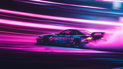 10092332 15 A night-time drift event on a neon-lit circuit, with a JDM car leaving thick trails of tire smoke as it drifts