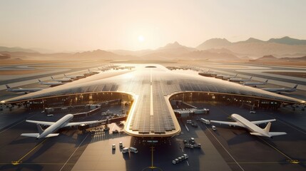 Aerial View of Futuristic Eco-Friendly Airport with Solar Panels and Electric Planes at Sunrise