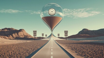 Sands of Time Roadmap: A long, winding road made from shifting sands in an hourglass, leading to a distant horizon where a clock hovers