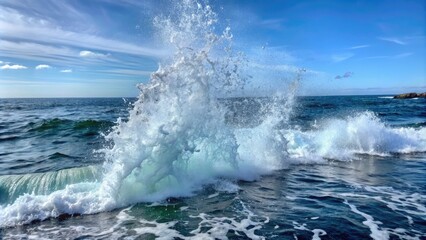Fototapeta premium Powerful ocean wave crashing against a rocky shore.