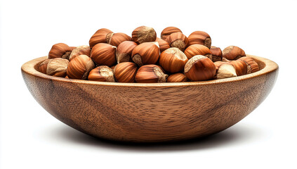 Handmade wooden bowl with hazelnuts, isolated on a white background