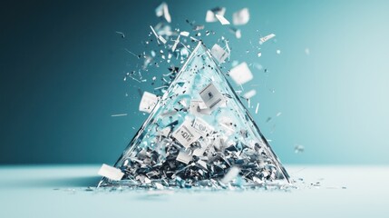 Shattered Economic Pyramid: A glass pyramid with financial symbols on it, cracking and falling apart as invisible hands tighten a belt around it