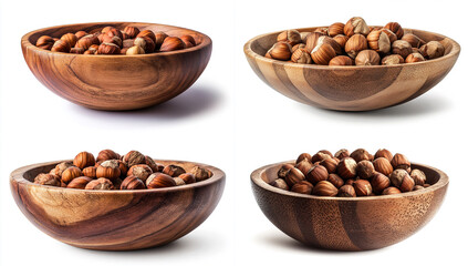 Handmade wooden bowl with hazelnuts, isolated on a white background