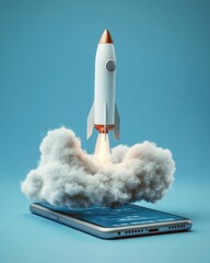 Smartphone rocket launches clouds, symbolizing mobile growth and online business progress