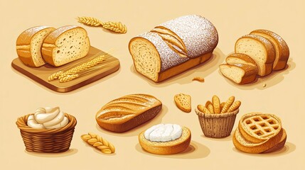Illustration with breads and pasta drawings on a plain background, concept of carbohydrates in food.
