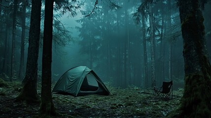Tent set up in a dark forest at dusk.