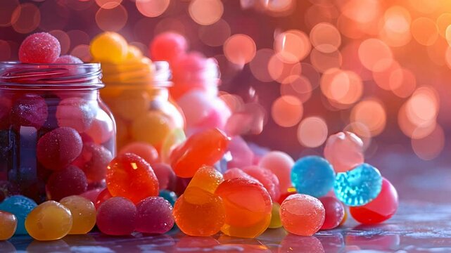 Colorful hard candies falling from the glass jar on the table