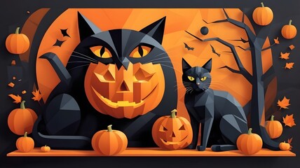Cubist Halloween still life A jack-o'-lantern and a black cat. Geometric shapes, fragmented perspective perfect for Halloween