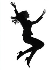 Naklejka premium Woman in business attire jumping joyfully against a white background showcasing dynamic energy