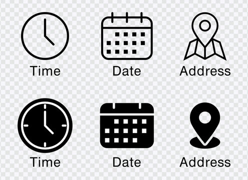 "Date, time, and location address icon set for streamlined event and info designs."