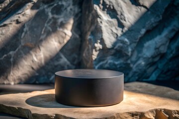 photo Black stone podium with sun shadow for product display in Rock shape background 