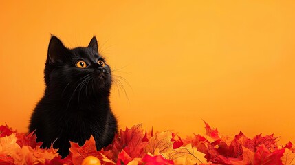 A black cat surrounded by colorful autumn leaves on a warm orange background, capturing the essence of fall and cozy vibes. Halloween Background