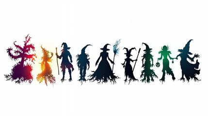 A captivating collection of witch silhouettes featuring diverse poses and magical elements against a vibrant backdrop. Halloween Background