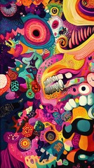 A playful abstract composition showcases vibrant colors and whimsical patterns, creating a dynamic and engaging visual experience