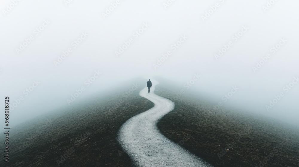 Wall mural start before knowing it all: a person stepping onto a winding path that disappears into a foggy unkn