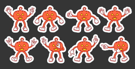 Funny pumpkins, retro mascot stickers. Halloween party stickers. Vector illustration clipart