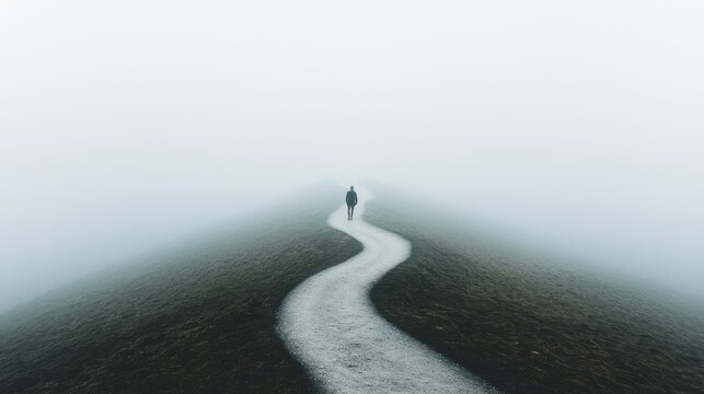 Start Before Knowing It All: A person stepping onto a winding path that disappears into a foggy unknown, but with each step, the fog lifts, symbolizing how action reveals the path