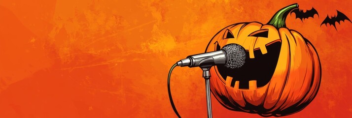 Join the Halloween karaoke fun with a singing pumpkin on a vibrant orange background