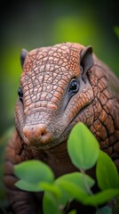 Close-up of armadillo with textured skin among green leaves, wildlife portrait. Animal conservation concept