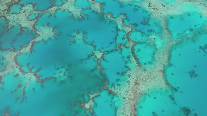 Turquoise lagoon water background. Aerial top down view coral reef forming beautiful patterns. Drone flight over tropical ocean seascape, crystal clear bright colors. Natural beauty landscape.