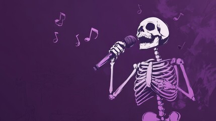 Join the Halloween karaoke fun with a spooky skeleton singing in purple tones